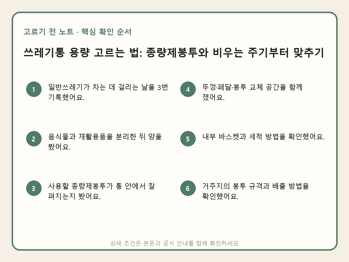 쓰레기통 용량 고르는 법: 종량제봉투와 비우는 주기부터 맞추기의 핵심 확인 순서를 보여 주는 설명 이미지