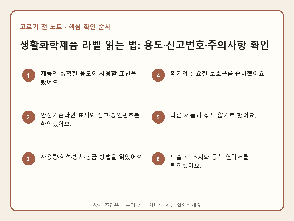 생활화학제품 라벨 읽는 법: 용도·신고번호·주의사항 확인의 핵심 확인 순서를 보여 주는 설명 이미지